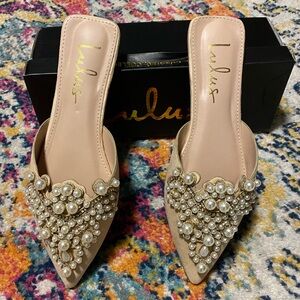 Embroidered pearl pointed toe beige flats
